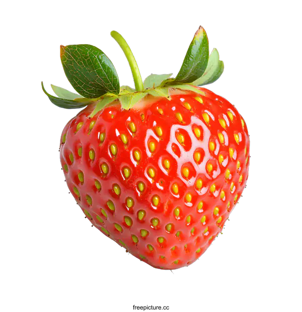 [Transparent Background PNG]Closeup of a Red Ripe Strawberry with Green Leaves