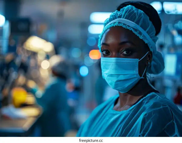 Portrait of a confident female surgeon wearing a mask and surgical cap in an operating room with a blurred background