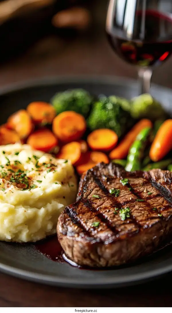 Grilled Steak with Mashed Potatoes and Vegetables