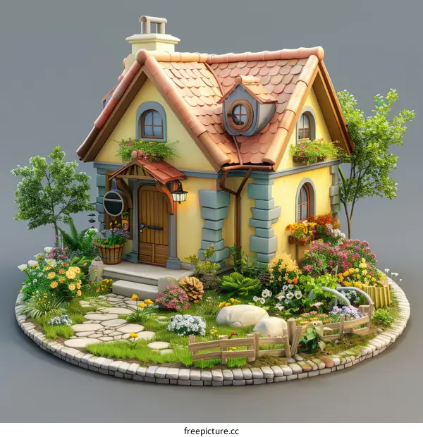 Small cute cottage house with flowers and garden