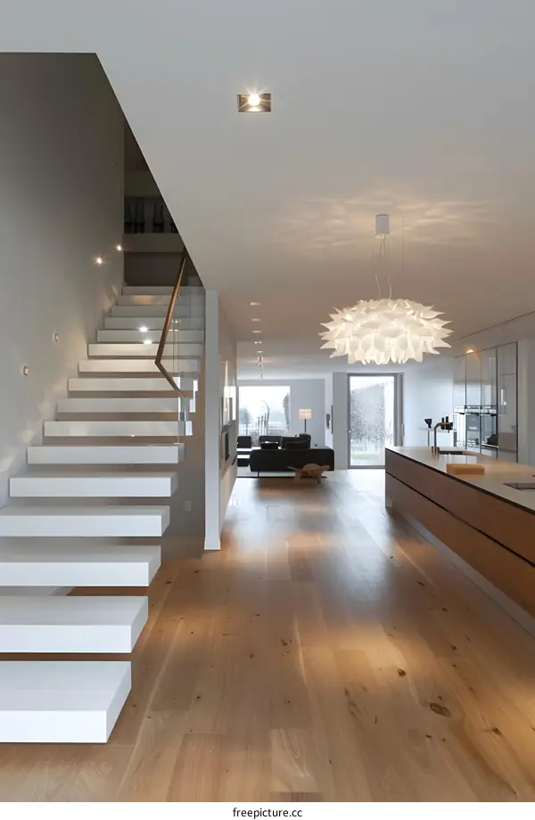 Modern Interior Design with White Floating Stairs and Wooden Flooring
