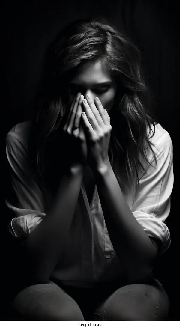 black and white portrait of a woman covering her face with her hands