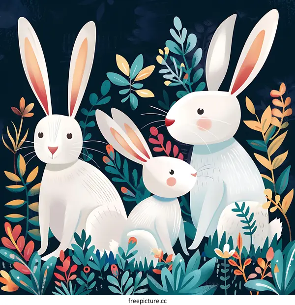 Three White Rabbits in a Garden
