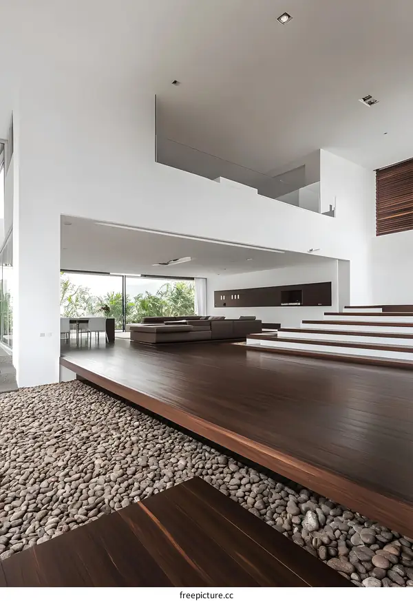 Modern House Interior Design with Wooden Floor and Pebble Floor