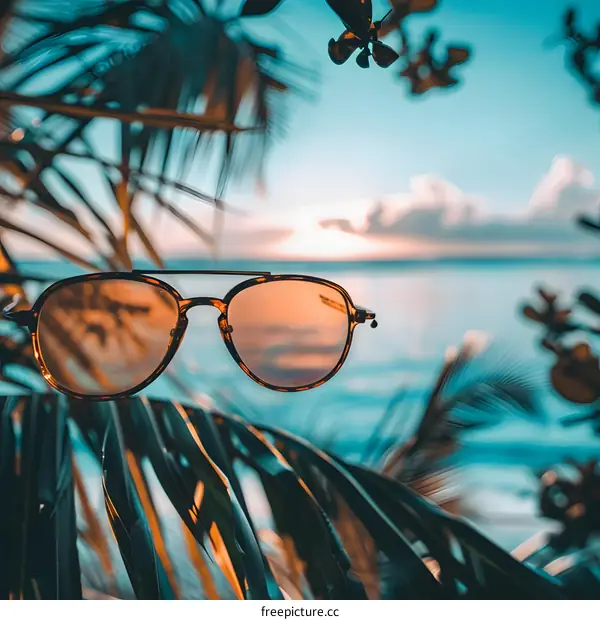 Sunglasses on a Palm Tree with the Beach in the Background