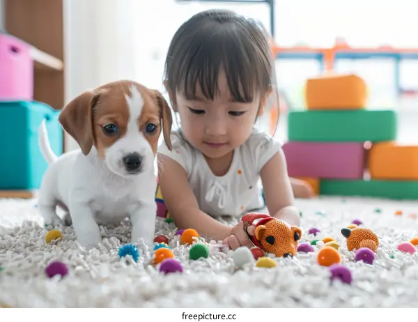 Asian toddler girl playing with a puppy