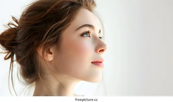 Closeup Portrait of Young Woman with Freckles and Blue Eyes