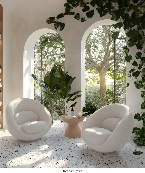 White Round Chairs and a Wooden Table in a Room with Arch Windows