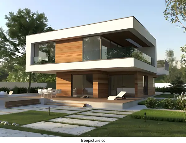 Modern House Exterior Design with Wooden Facade and Glass Balcony