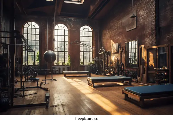 Vintage Retro Empty Fitness Gym with Brick Walls and Large Windows