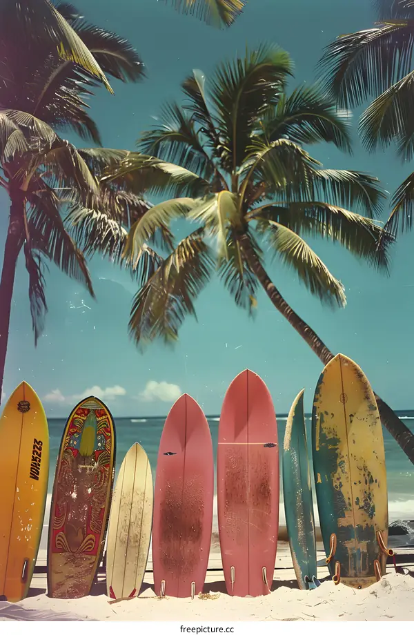 Vintage Surfboards on a Tropical Beach
