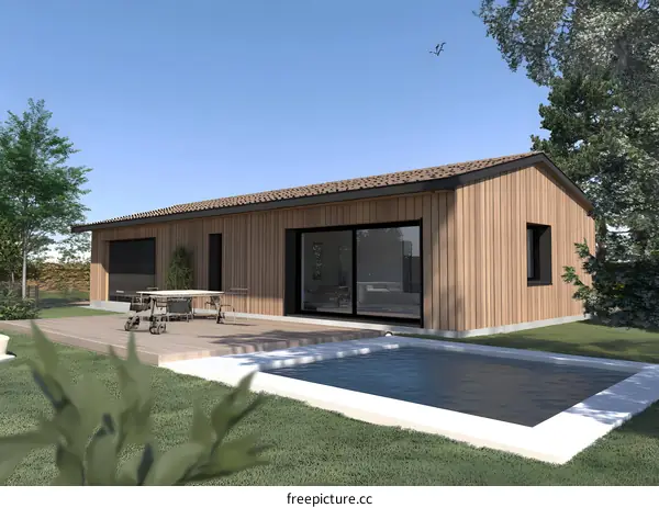 Modern Wood House with Swimming Pool and Deck