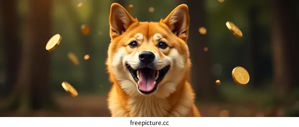 Happy Shiba Inu Dog with Falling Coins