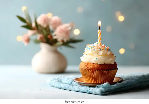 Birthday Cupcake with Candle and Decorations