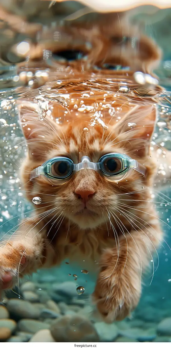 A ginger cat wearing swimming goggles is swimming underwater