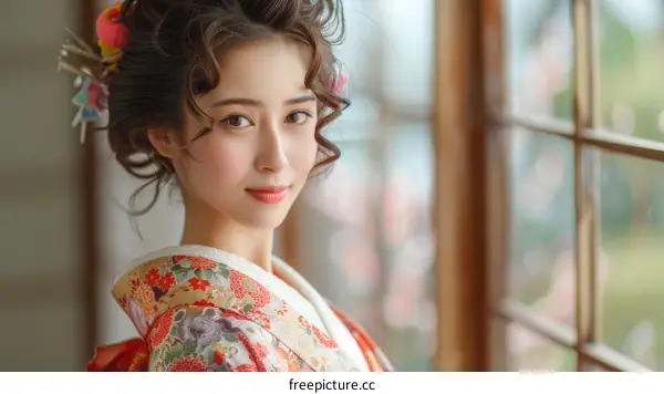 Beautiful Asian Woman in Traditional Japanese Kimono