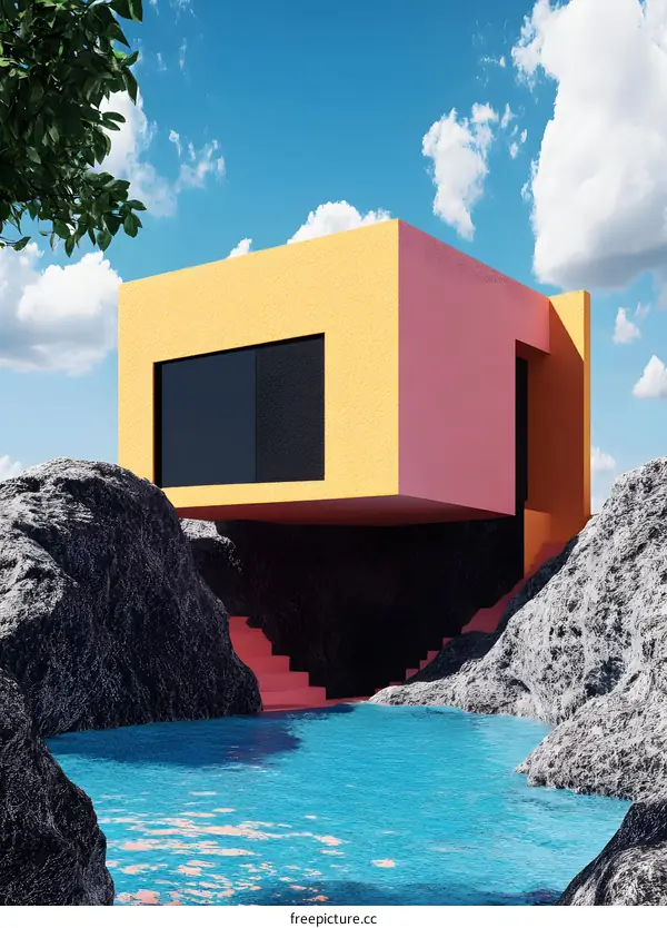 Modern Minimalist Architecture House with Blue Water and Pink Stairs