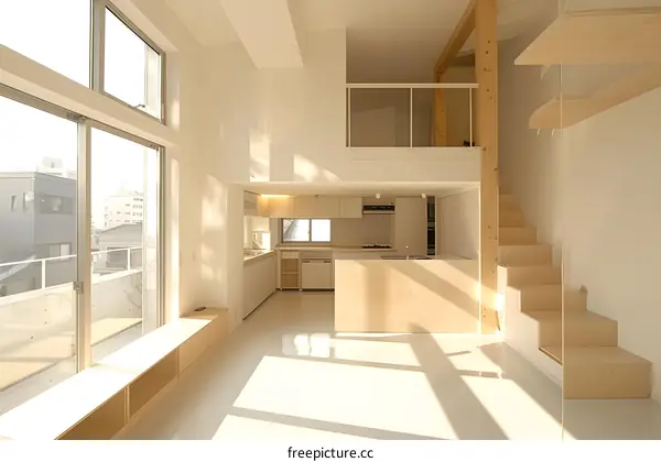 Modern Loft Apartment Interior Design With Wooden Stairs And White Walls