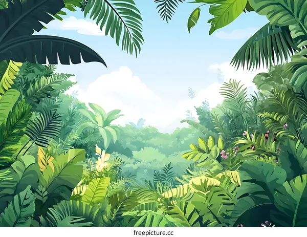 Jungle Landscape With Lush Green Foliage and Blue Sky