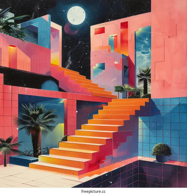 A Cyberpunk City with Stairs Leading Up to a Moonlit Sky