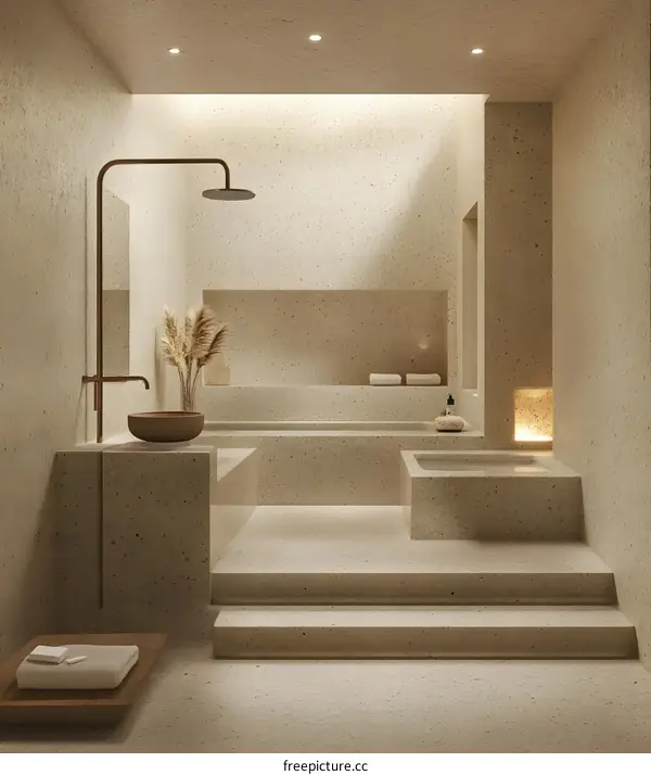 Minimalist Bathroom Interior Design with Terrazzo Tiles and Wooden Accents
