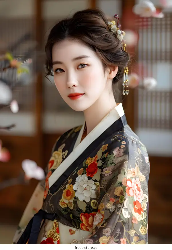 Portrait of a young Korean woman in traditional Korean dress (hanbok)