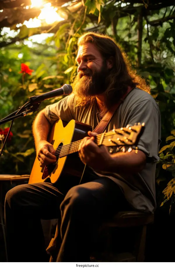 Bearded man playing guitar and singing in a garden