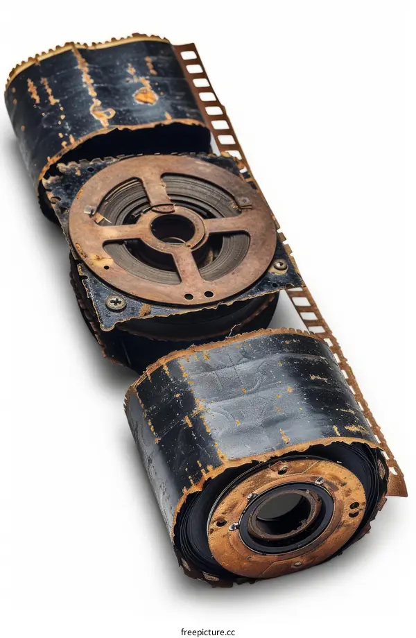 Black and brown colored film reel with sprocket holes