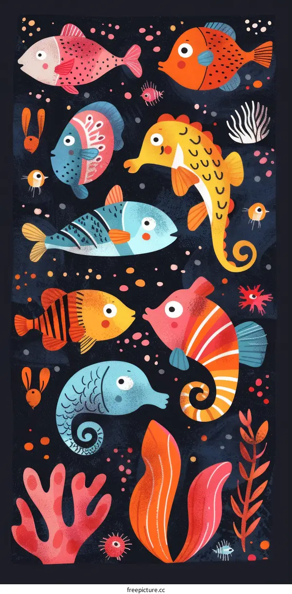 Vibrant Underwater Scene with Fish, Seahorses, and Coral
