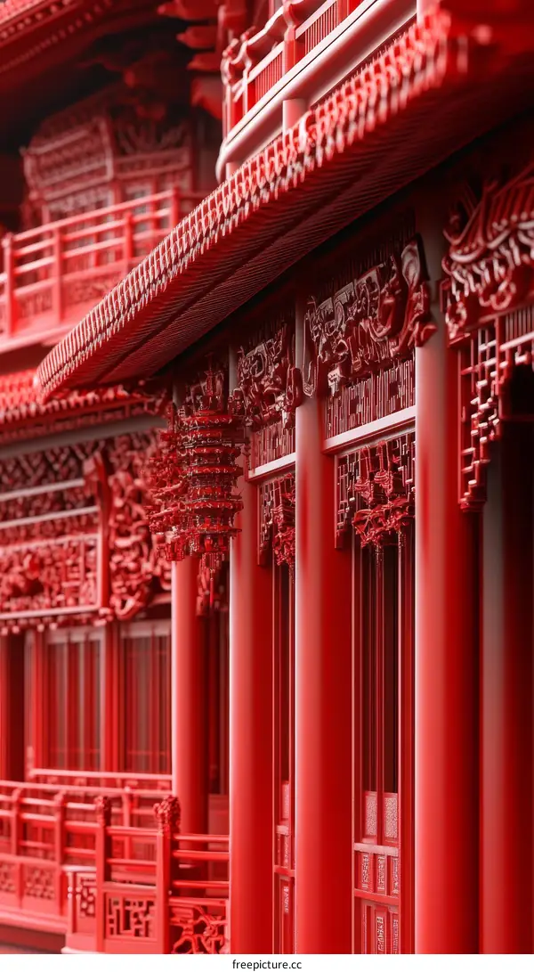 Detailed Chinese Architecture Illustration in Vivid Red