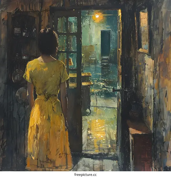 A woman standing in a doorway looking out at night