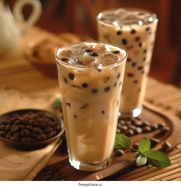 Chilled iced coffee with tapioca pearls in glass on wooden table