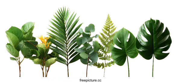 [Transparent Background PNG]Arrangement of Various Tropical Leaves on a White Background