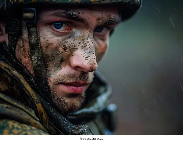Close Up Portrait of a Caucasian Soldier with Mud on His Face