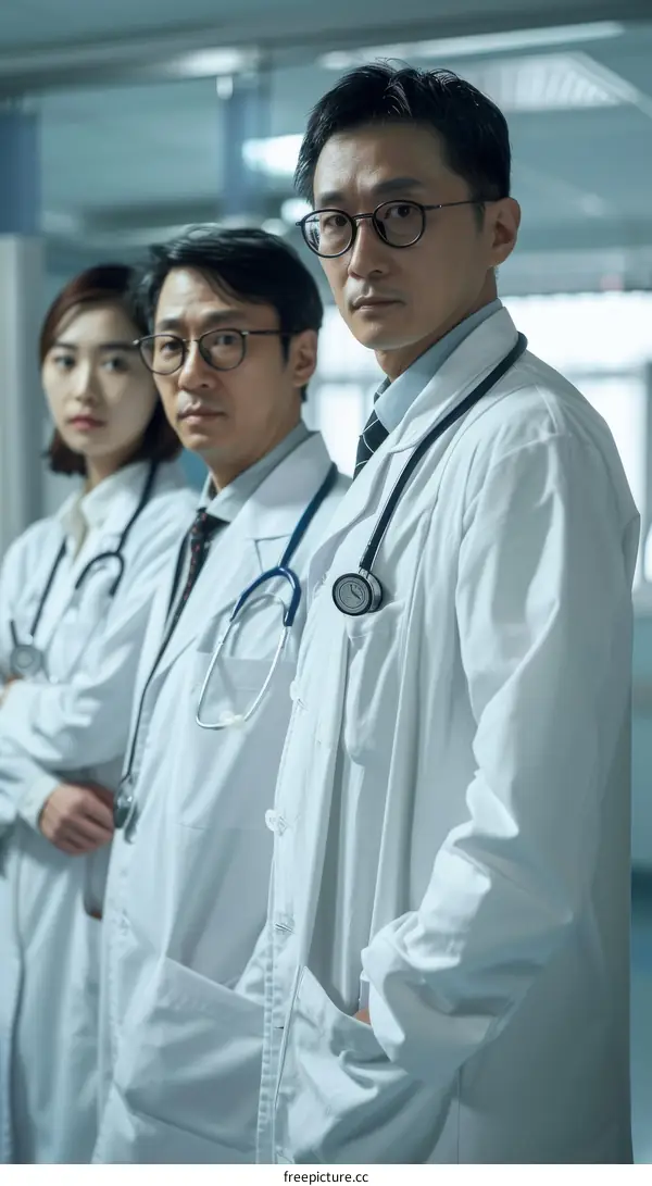 Three doctors in white coats posing in a hospital