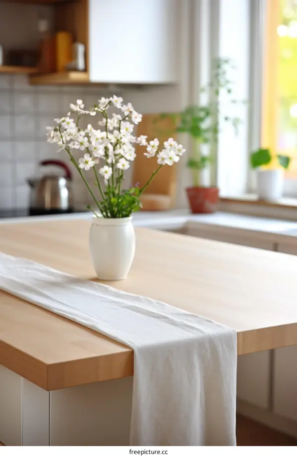 White flowers in a vase on a wooden table