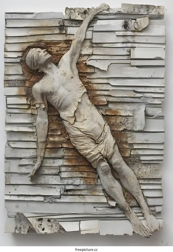 Blindfolded Man Sculpture in Wall Relief
