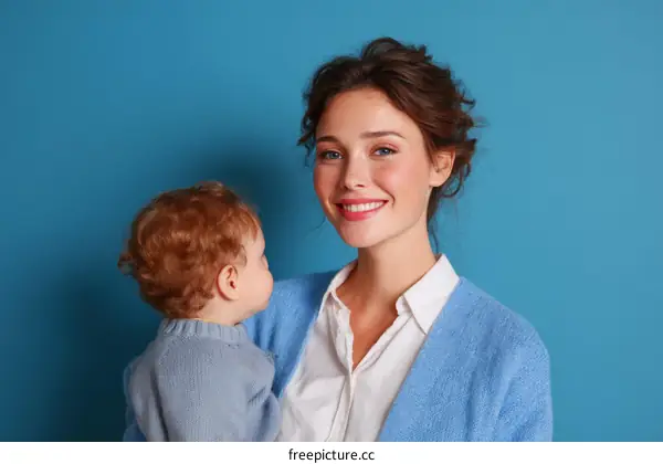 Mother and Child Portrait Against a Blue Background