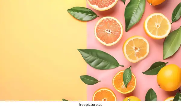 Fresh Citrus Fruit with Green Leaves on Yellow and Pink Background