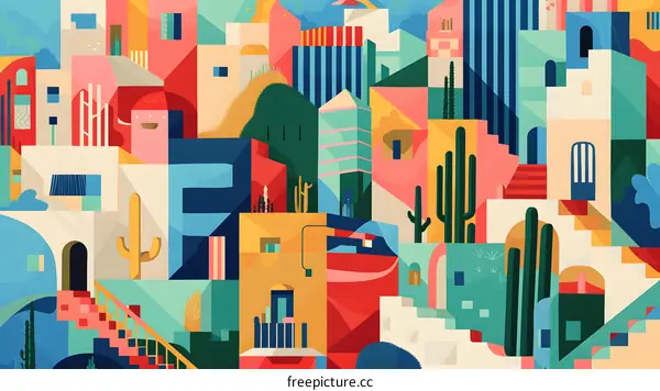Colorful Abstract Cityscape Illustration with Cactus and Buildings