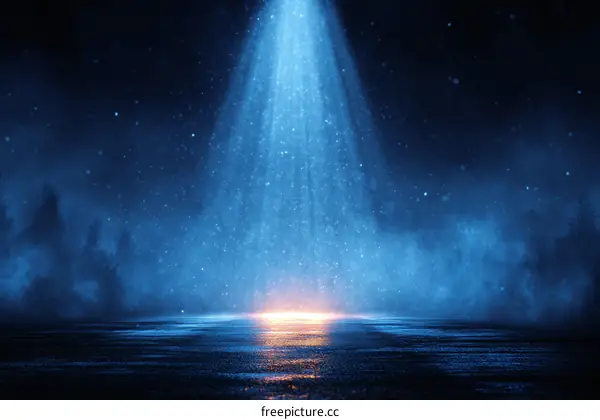 Mystical Night Forest Scene with Light Beam