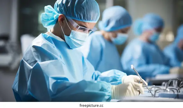 Surgeon in blue surgical gown and mask performing a surgery