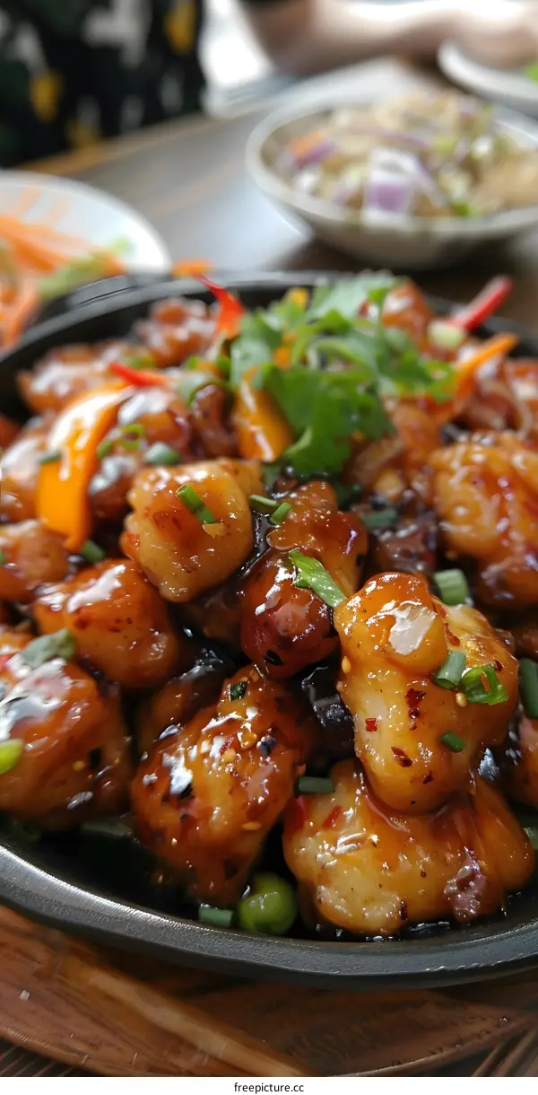 Close Up of a Sizzling Plate of Chicken