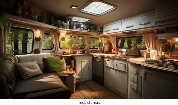 Cozy Camper Van Interior with Kitchen and Living Area