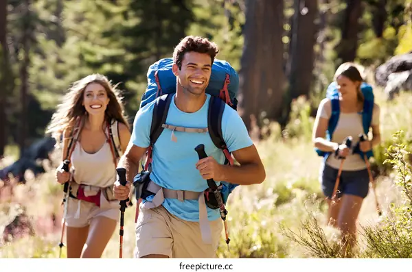 Group of Friends Hiking in a Forest on a Sunny Day