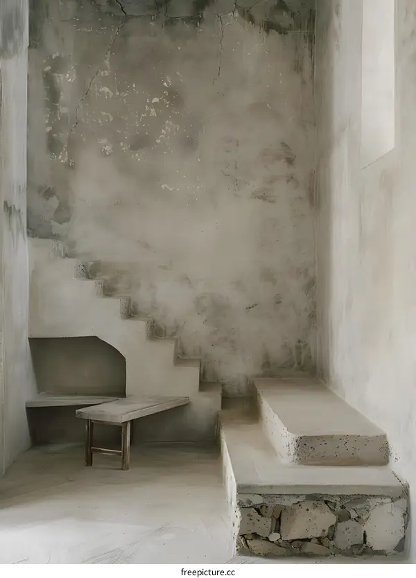 Concrete Interior Design with Rustic Wooden Bench