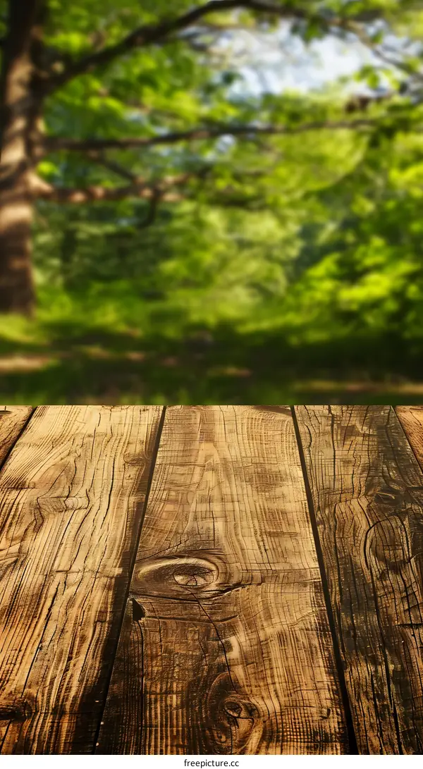 Rustic Wooden Tabletop with Blurred Green Forest Background