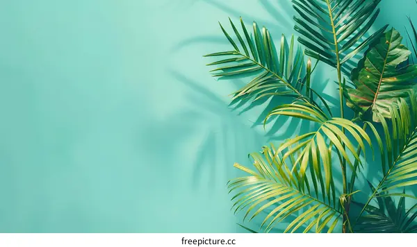 Tropical Palm Leaves on Turquoise Background