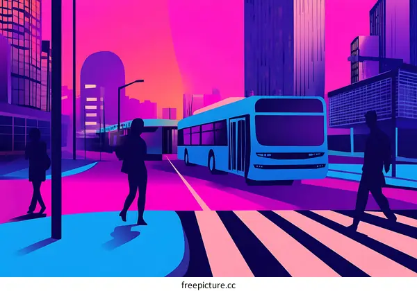 Neon Cityscape with Bus and Pedestrians