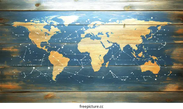 Vintage World Map on Wooden Plank Background